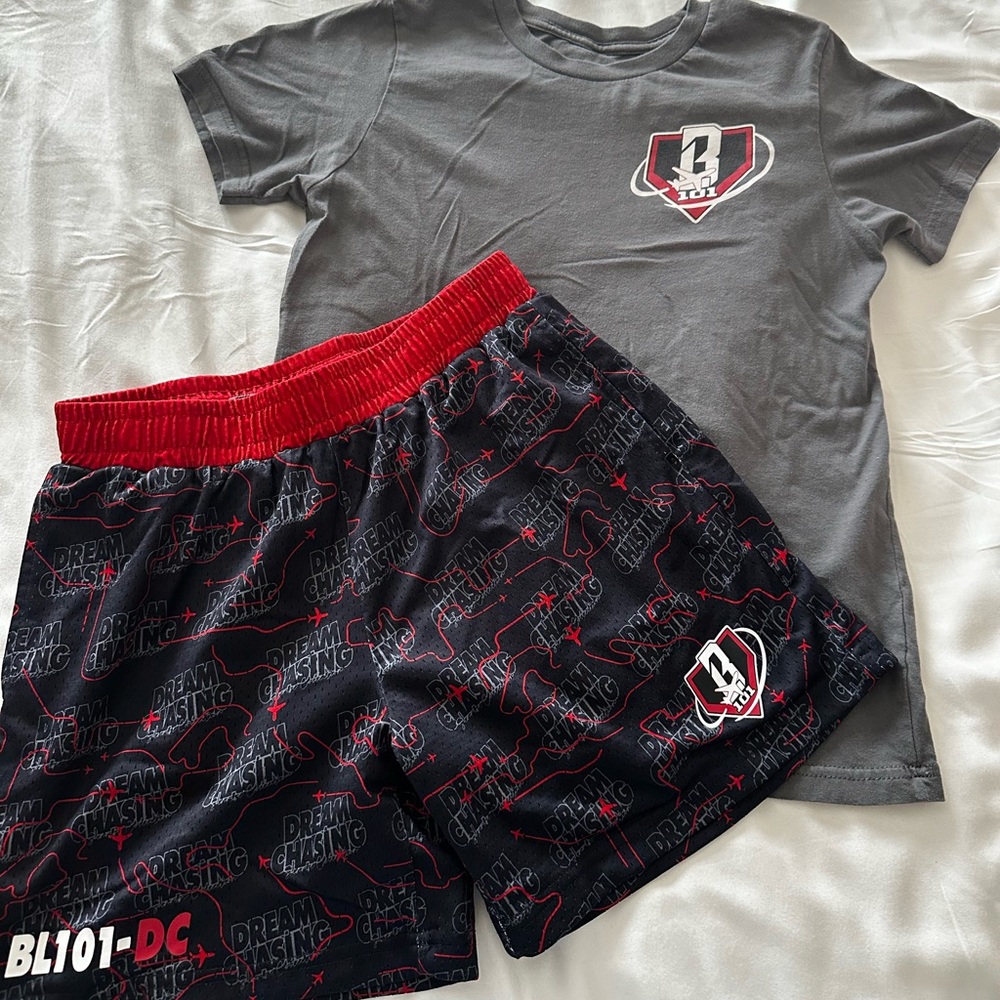 Kids Gray and Black Red-Accent Matching Set - Graphic Tee & Shorts
